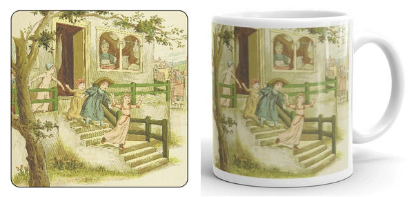Children Running Down Stairs Mug and Coaster Set (Kate Greenaway Collection)