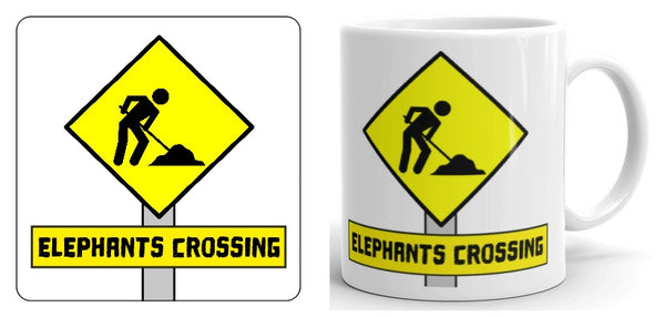 Elephant Crossing Road Sign Mug and Coaster Set