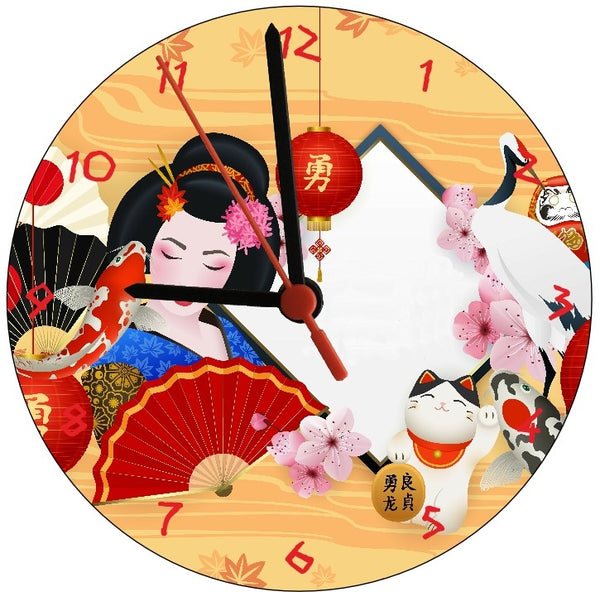 Japanese Geisha And Cat Round Clock