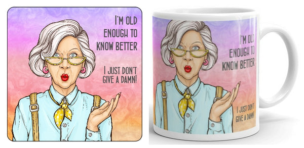 Old Enough To Know Better Mug and Coaster Set (old woman)