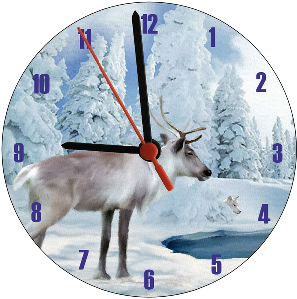 Snow Deer By Lake Illustration Round Clock
