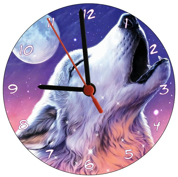 White Wolf Howling Fantasy Art Round Clock